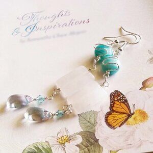 Frosted Quartz Rock Crystal + Aqua Jade Extra Long Wire Wrapped Dangle Earrings